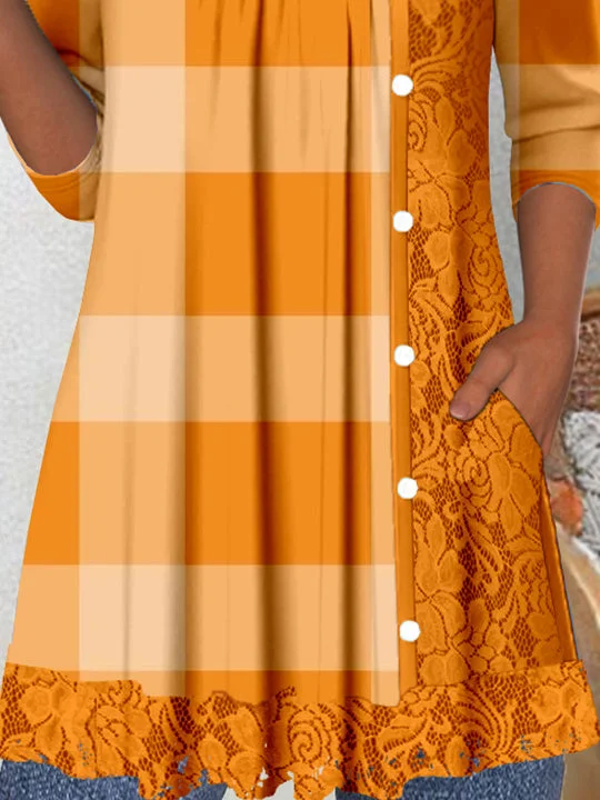 Women's Long Sleeve Scoop Neck Graphic Lace Buttons Top