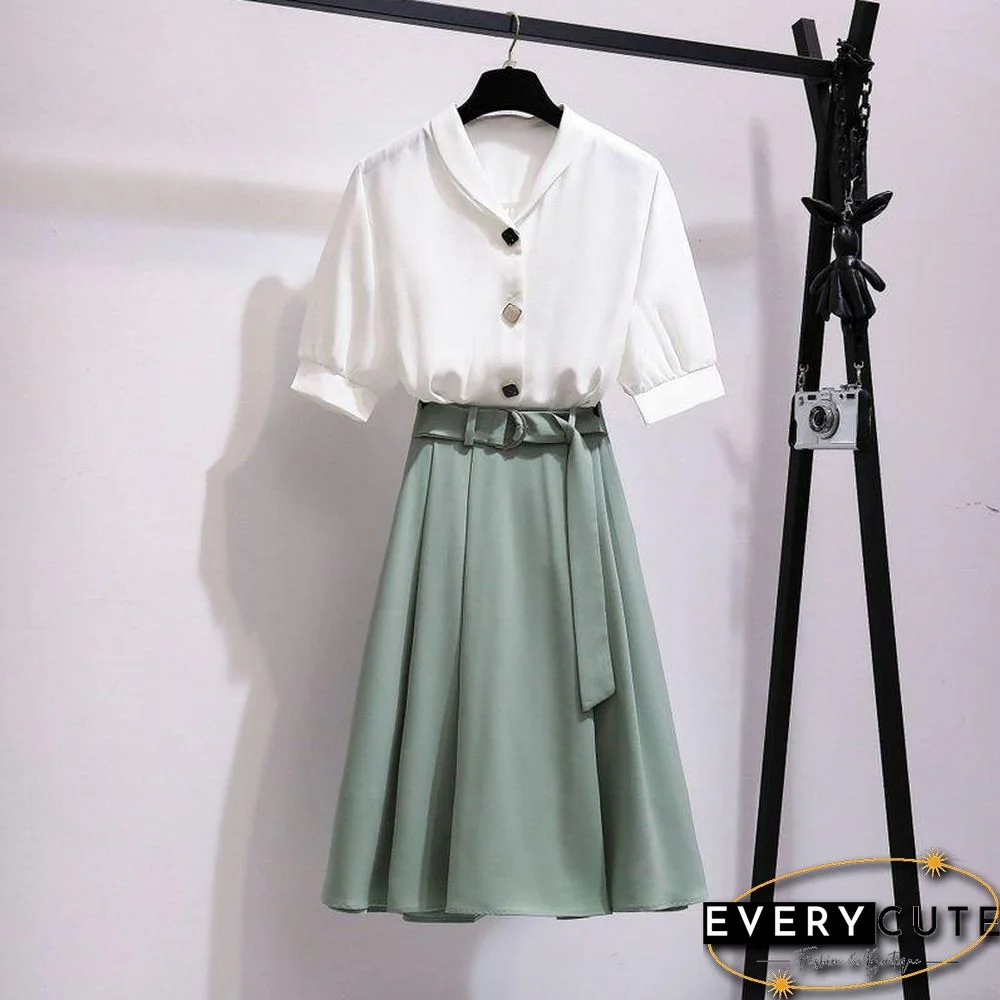 Chic Chiffon Blouse+Belt Skirt P10741