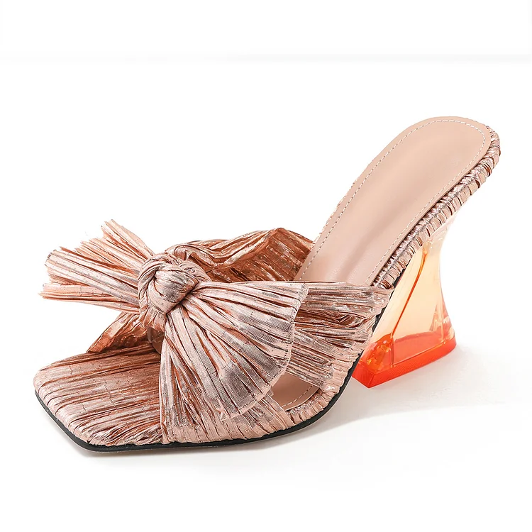 Women's Knotted Bow Heels Square Toe Slippers Radinnoo.com