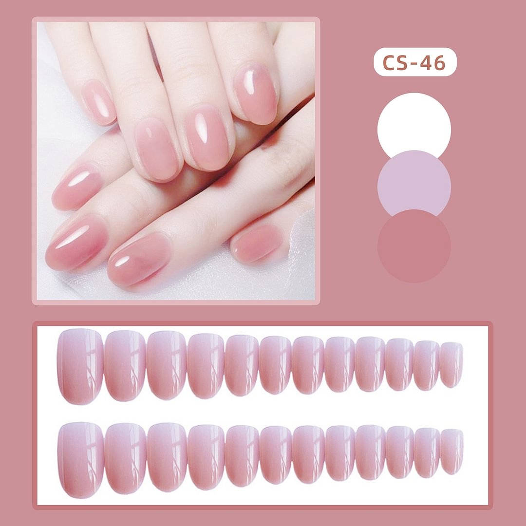 Girls Candy Pink Color False Nails Women Nature Nude Jelly Fake Nail Short Round Head Full Cover Nail Art Tips With Glue 24pcs