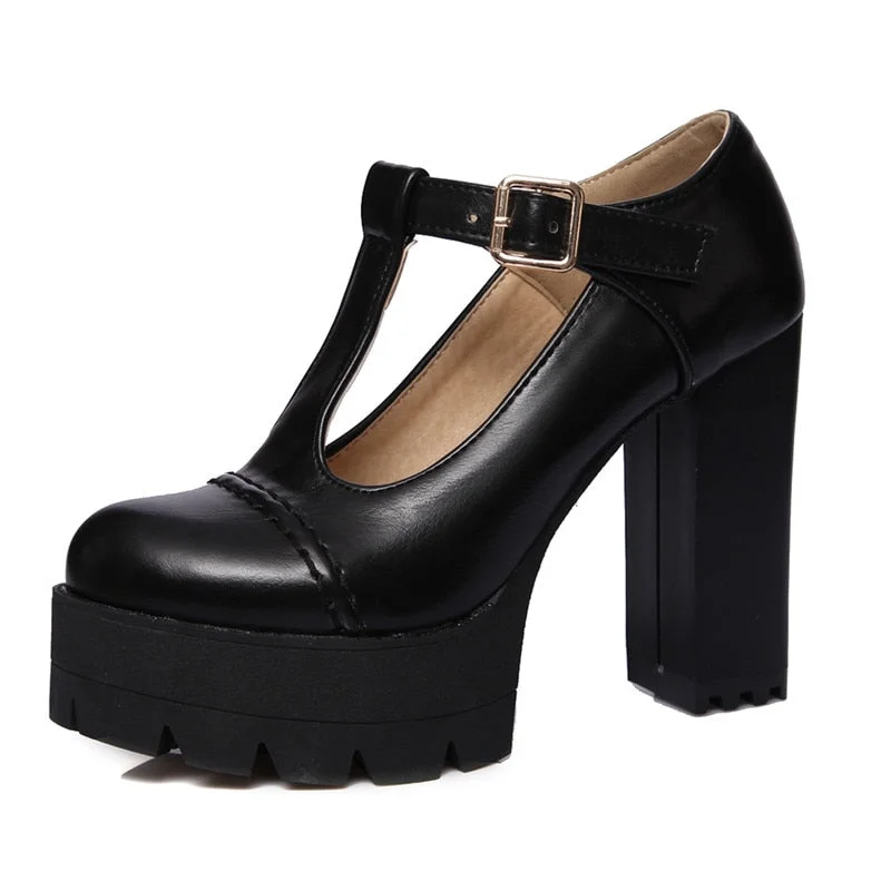 Gdgydh Fashion Women Pumps Round Toe T-starp Buckle Female Single Shoes Thick Heels Platform Women Shoes Russian Plus Size 43