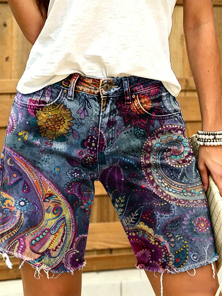 Women's Retro Paisley Floral Art Print Casual Washed Cotton Denim Shorts