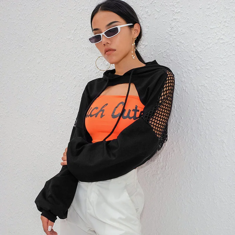 Summer Fashion Pullover Club Wear Streetwear Cropped Hoodie Women Sexy Mesh Fish Net Hooded Chest Hollow Sweatshirt Tops