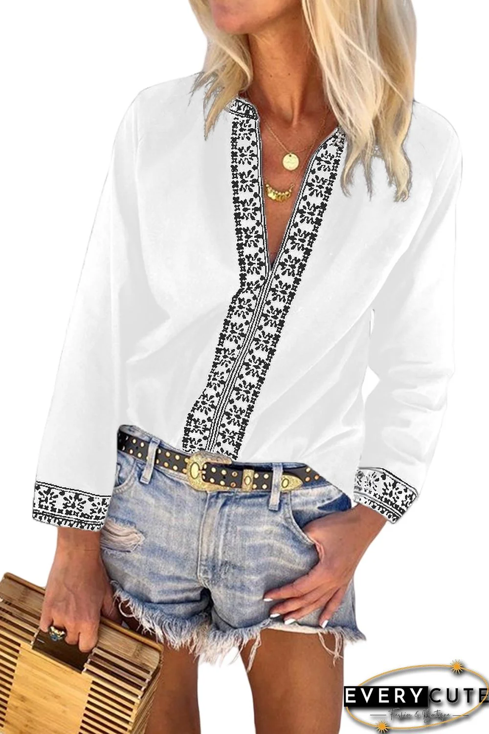 White Retro Print V-Neck Blouse Top