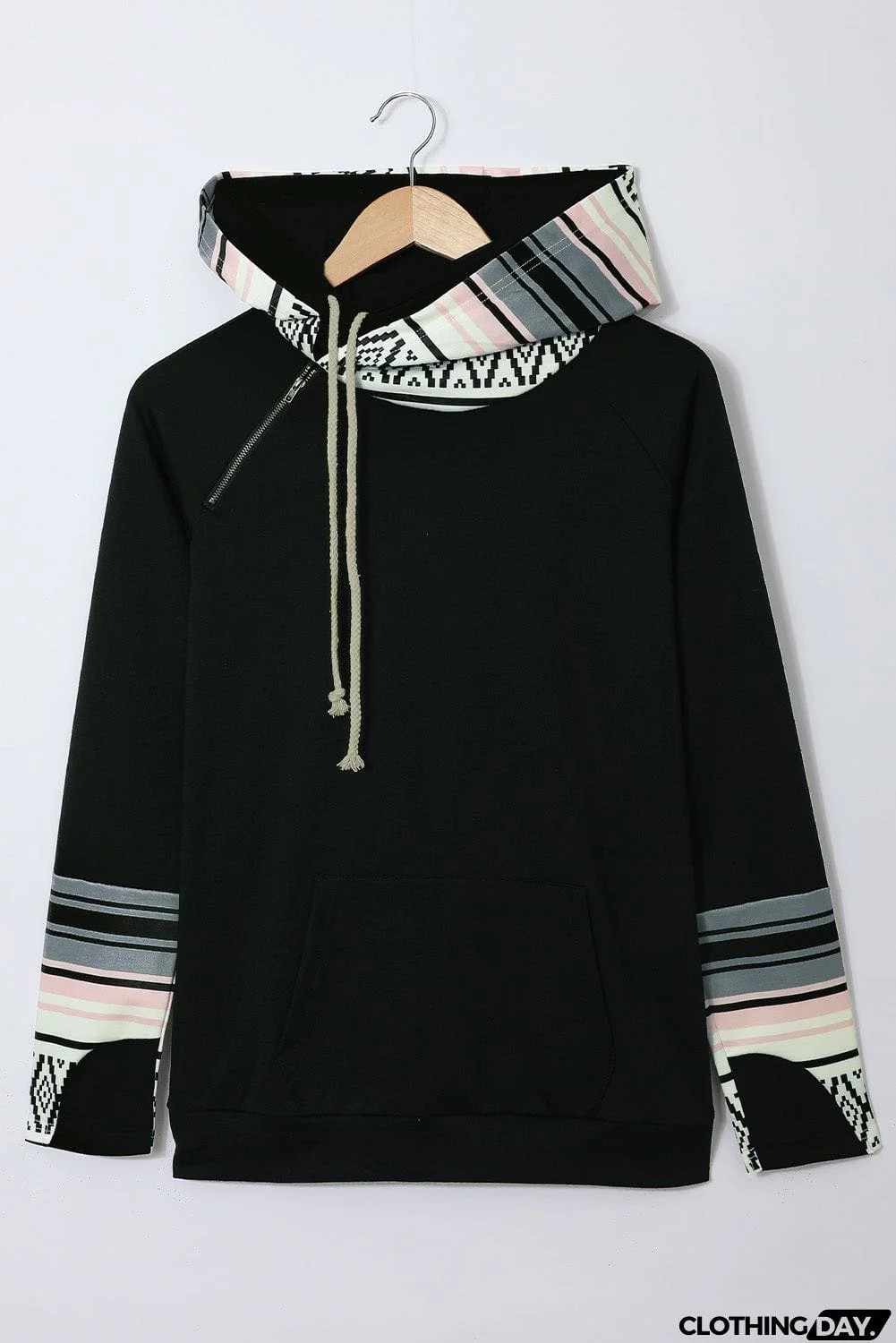 Plaid Double Hoods Thumb Hole Hoodie