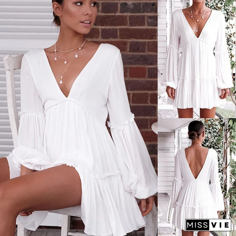 Women Fashion Deep V-neck Long Sleeve Dress Backless White Dress Casual Beach Mini Dress