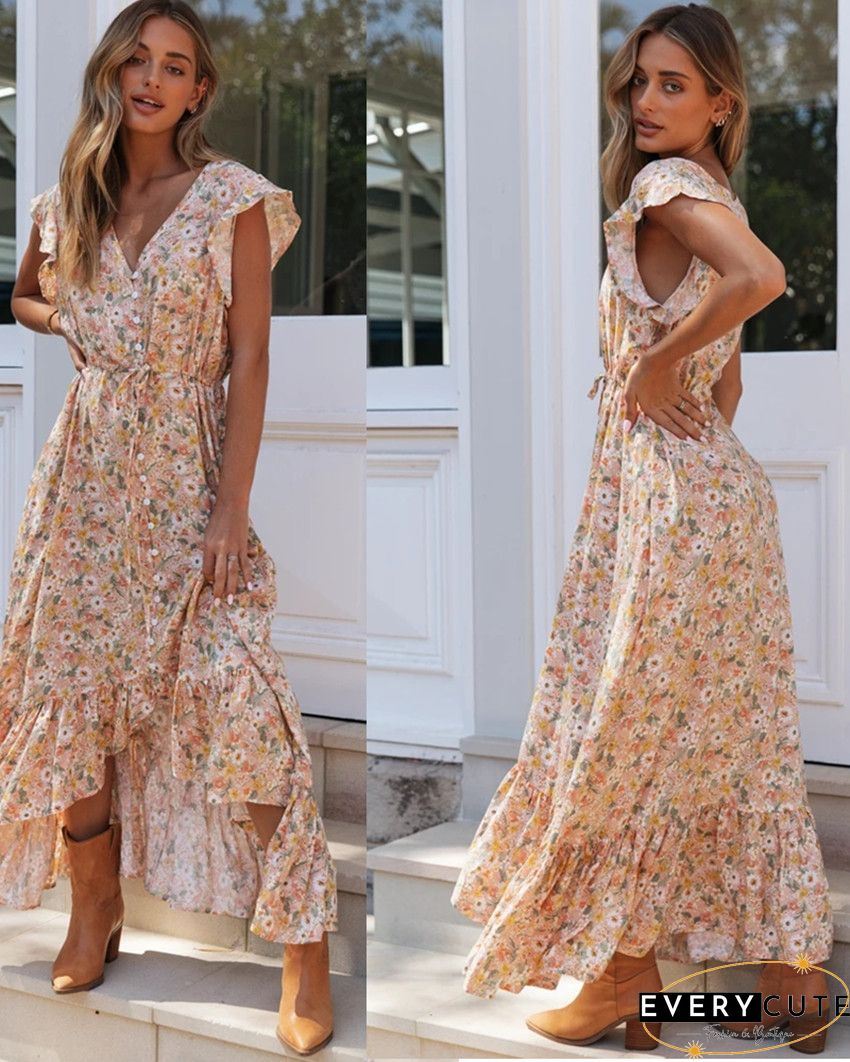 V-neck Lace Irregular Floral Dress