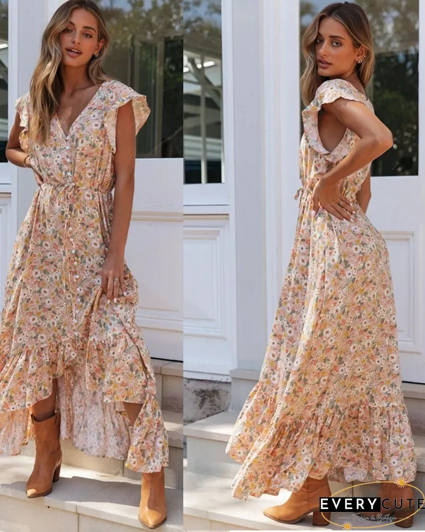 V-neck Lace Irregular Floral Dress