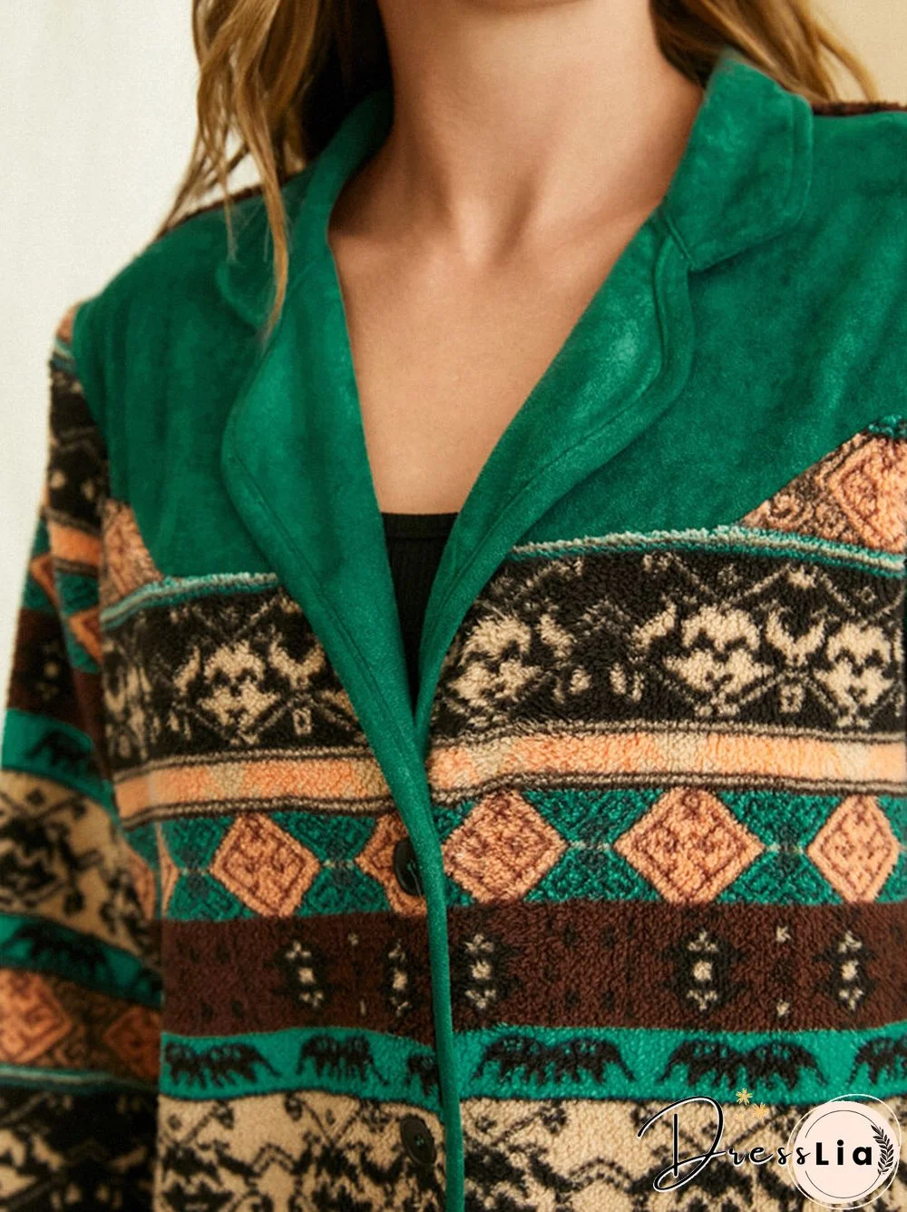 Ethnic Print Patchwork Long Sleeve Lapel Collar Button Jackets for Women