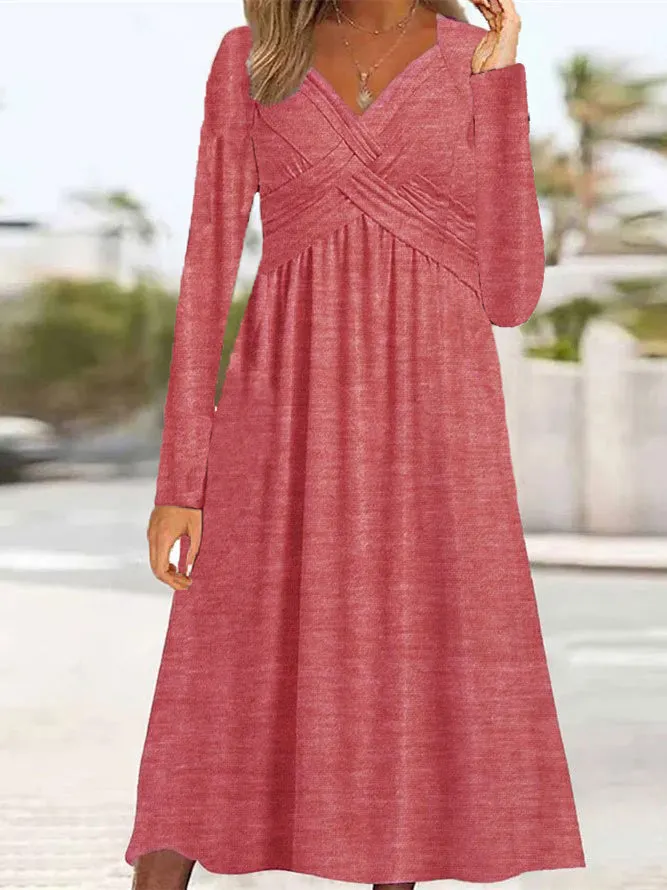 Women's Lace-up Solid Color V-Neck Long Sleeve Maxi Dress