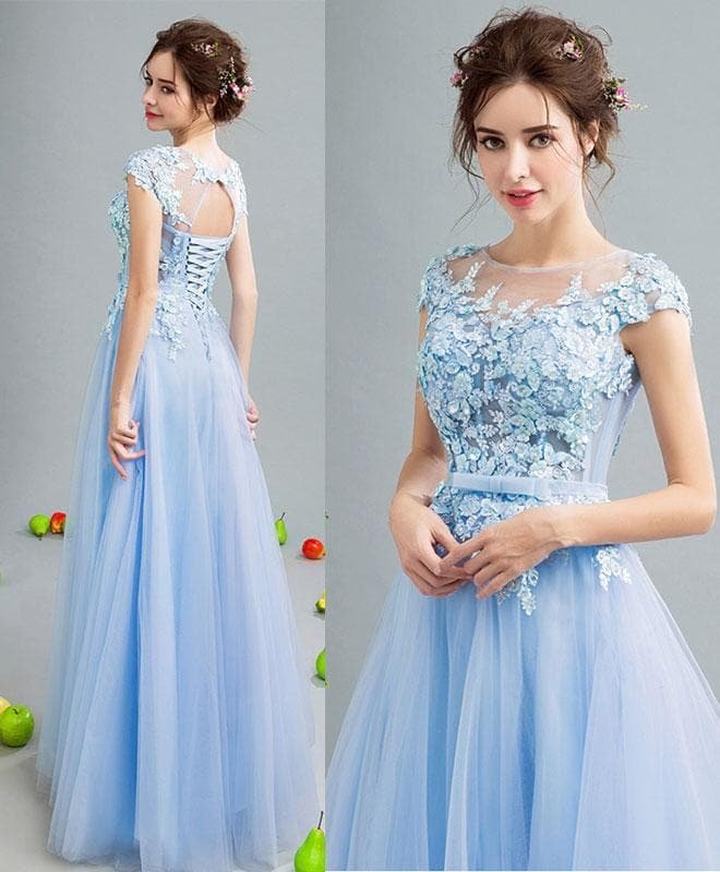 Sky Blue Lace Tulle Long Prom Dress, Lace Evening Dress SP15603