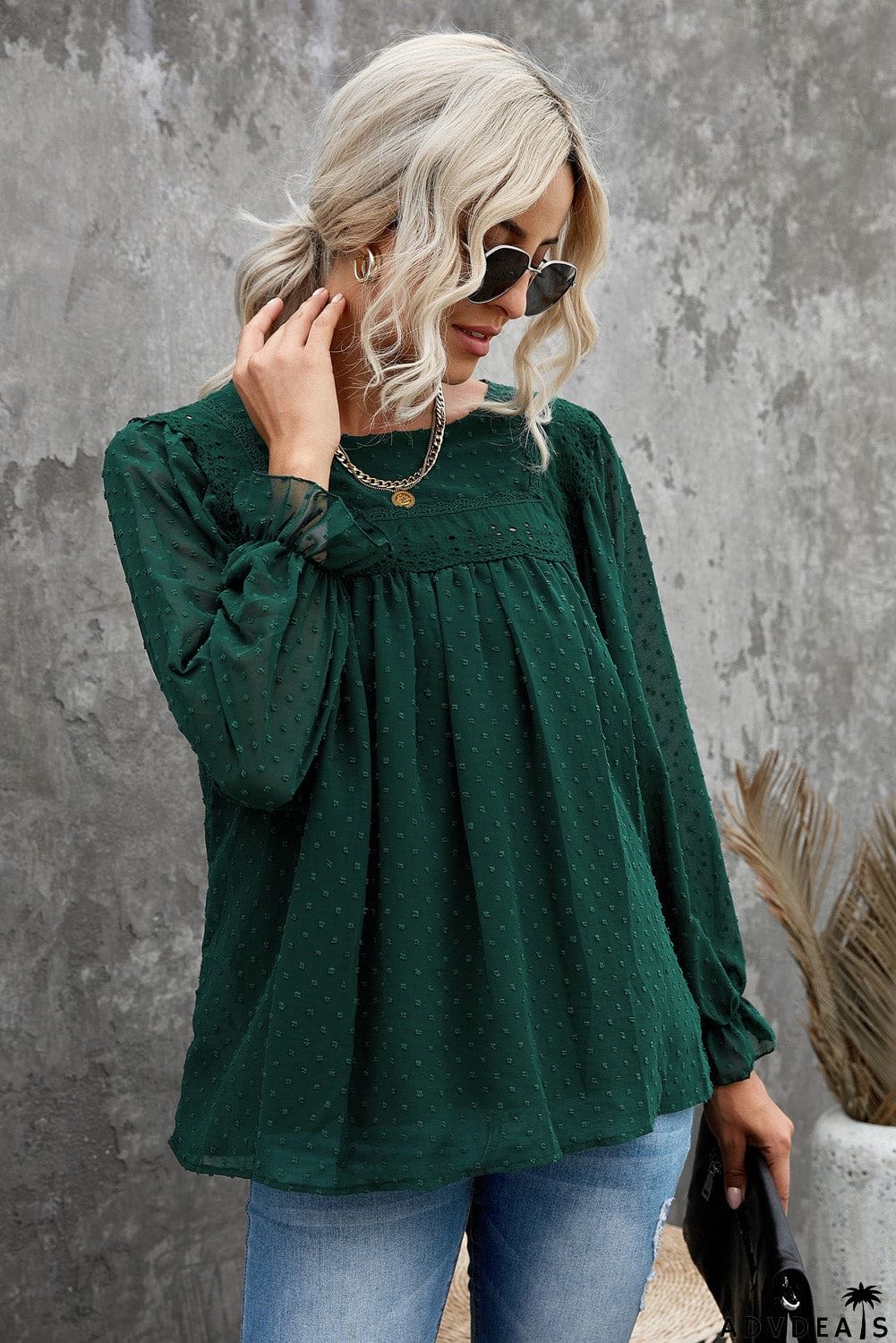 Swiss Dot Hollow Out Ruffle Sleeve Blouse