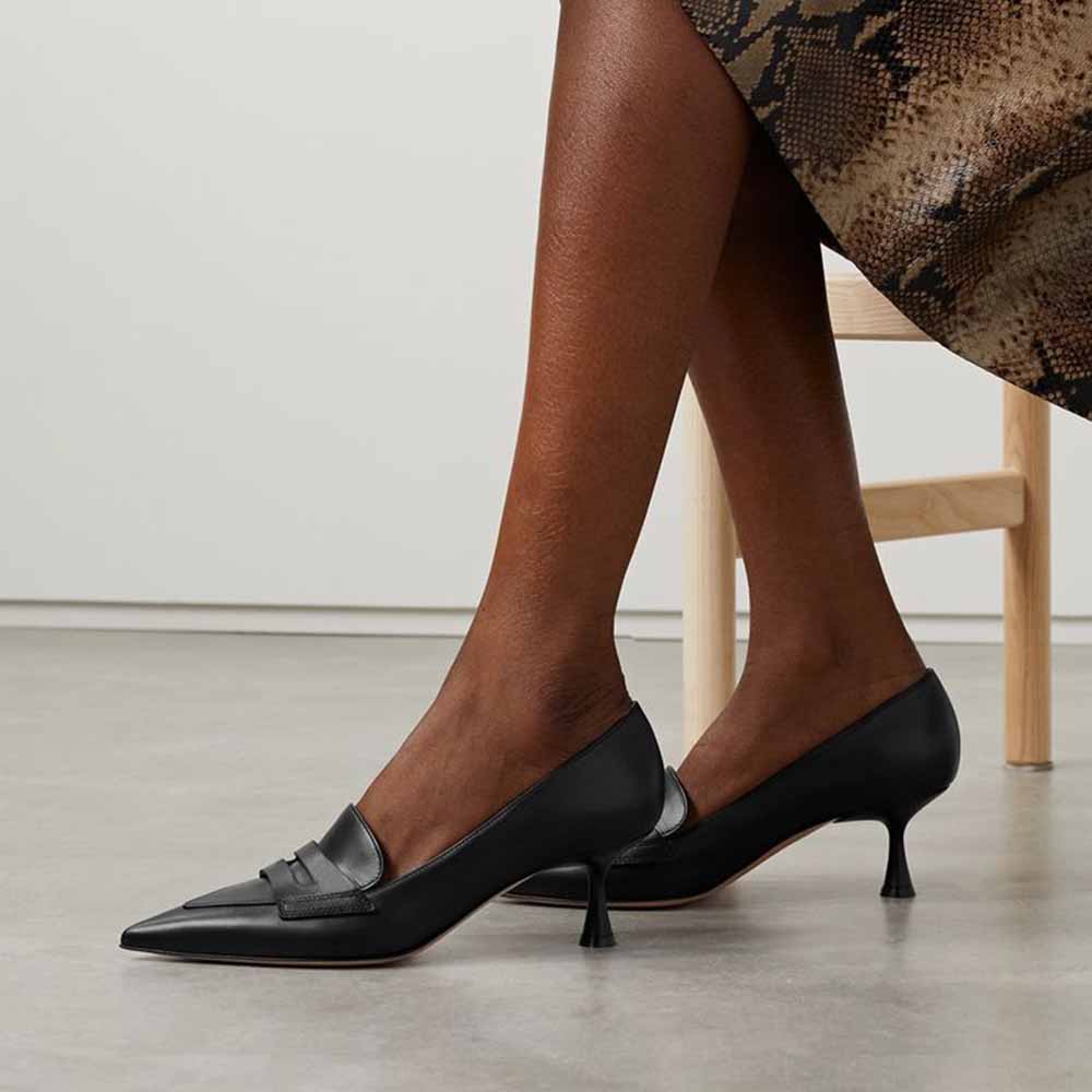 Classic Black Pointed Toe Kitten Heel Penny Loafers for Women Nicepairs