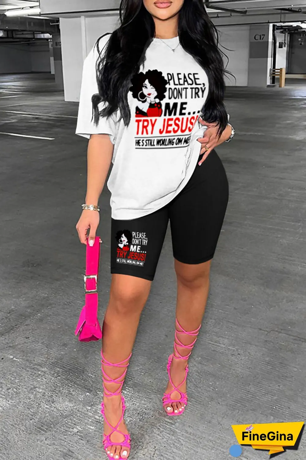 Pink Casual Print Basic O Neck Short Sleeve Two Pieces