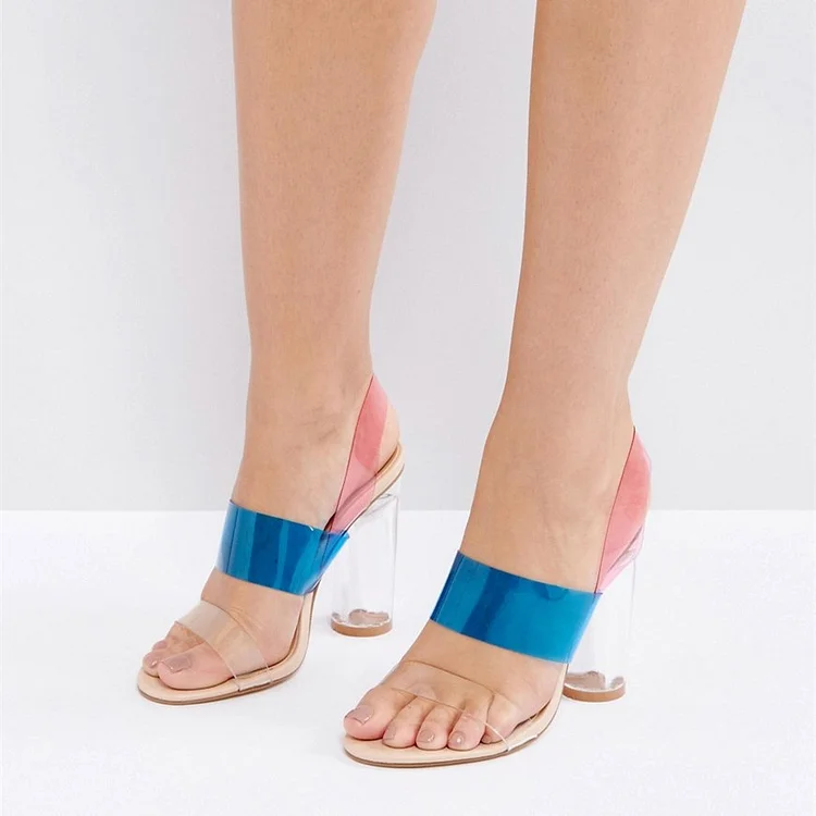 Blue and Pink PVC Chunky Heel transparent Sandals Heels Jelly Sandals |FSJ Shoes