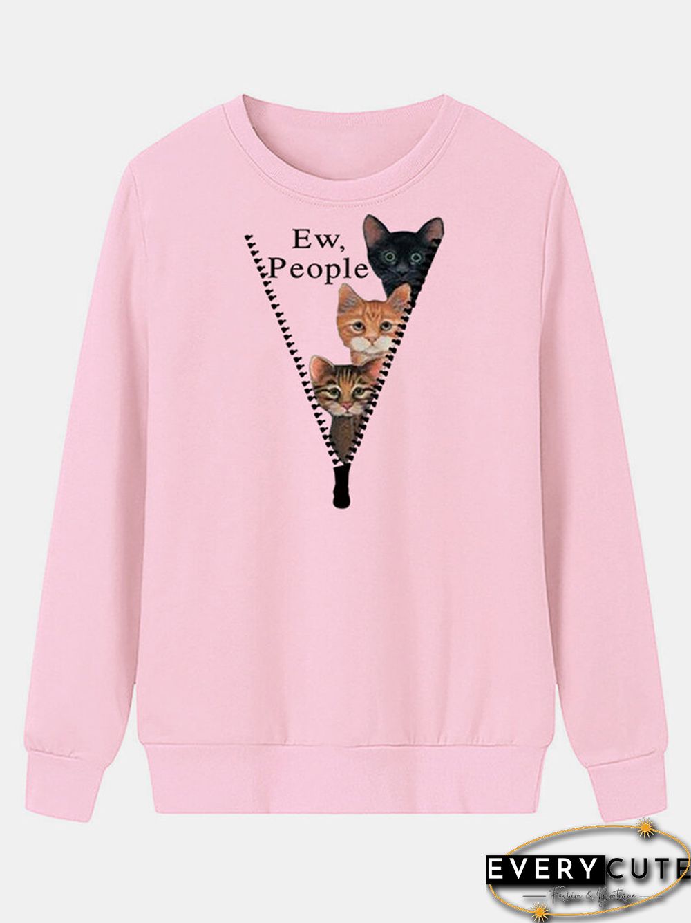 Cartoon Cat Printed O-neck Long Sleeve Sweatershirt