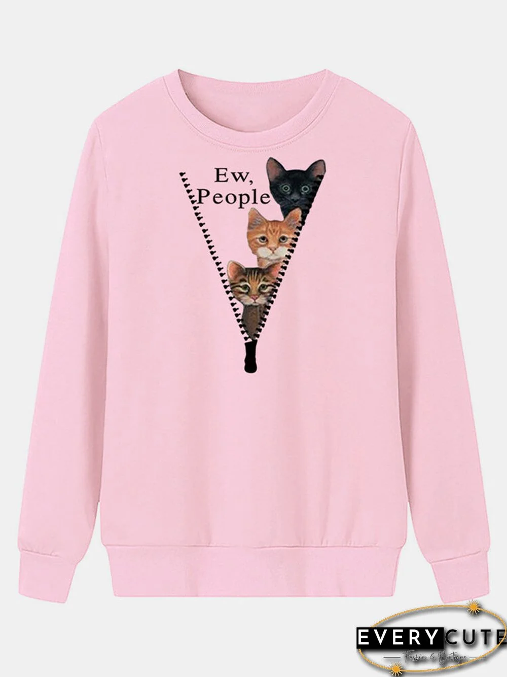 Cartoon Cat Printed O-neck Long Sleeve Sweatershirt