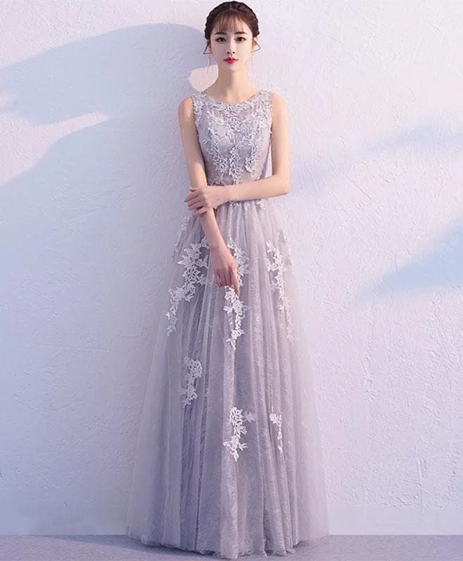Gray Tulle Lace Long Prom Dress, Gray Bridesmaid Dress