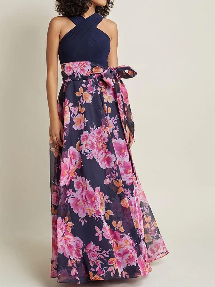 Halterneck Cross-neck Print Dress