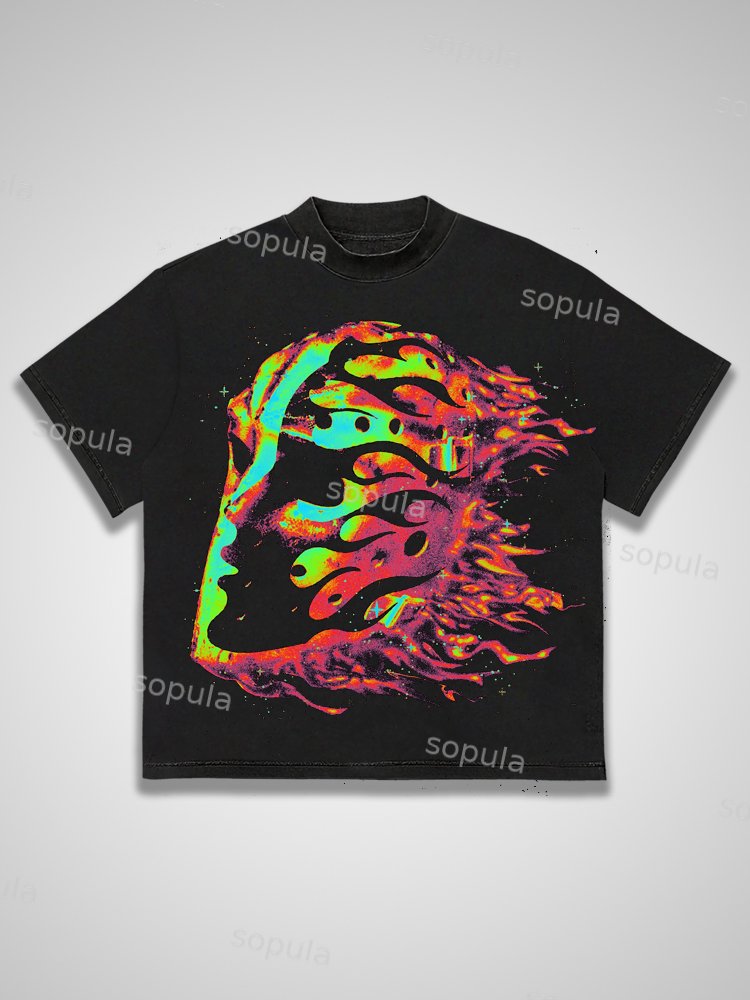 Hellstar Flame Jesus Silhouette Retro Pattern Cotton T-shirt - SOPULA