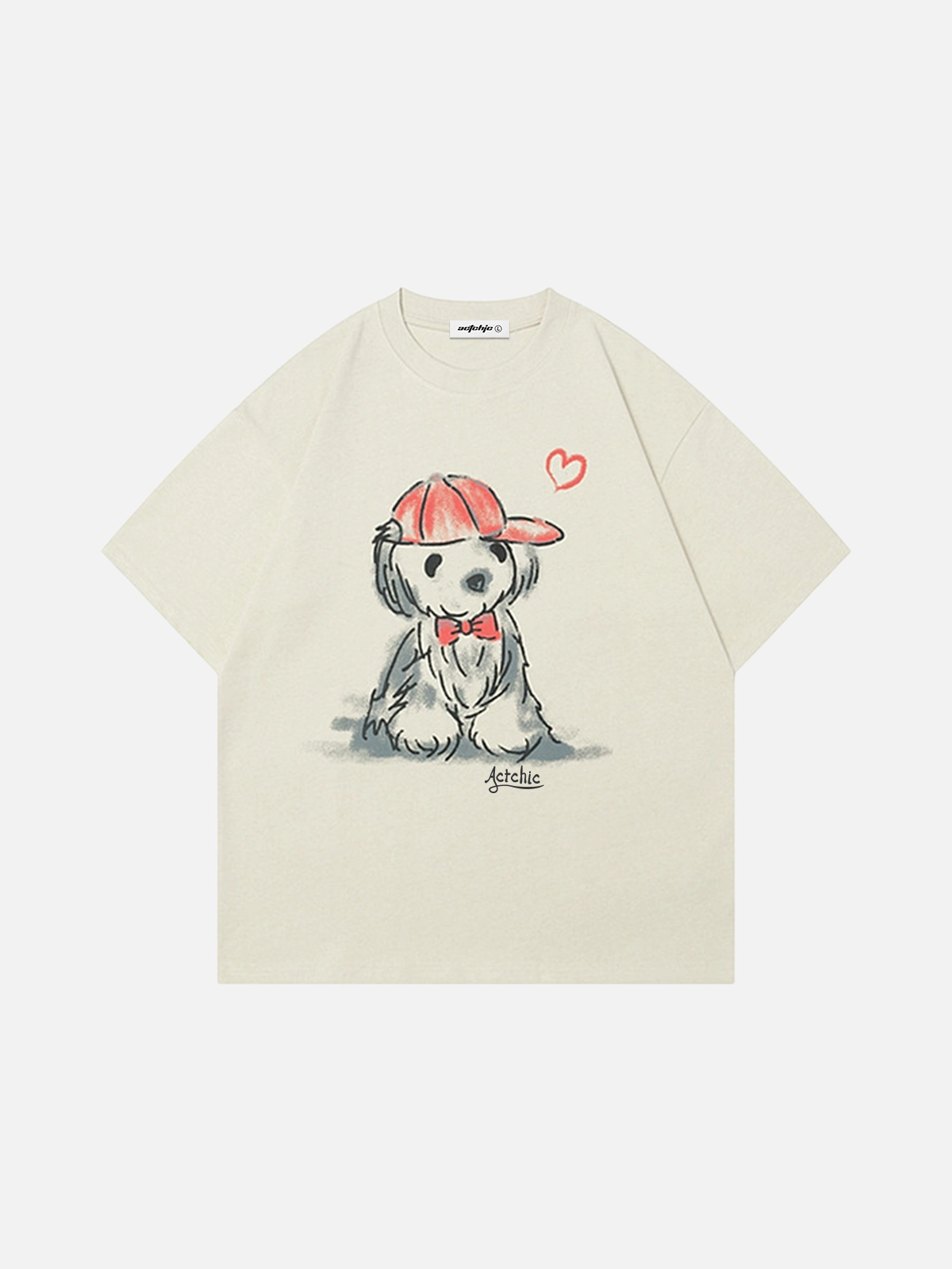 Apricot Sitting Cartoon Red Hat Puppy Print Tee Front