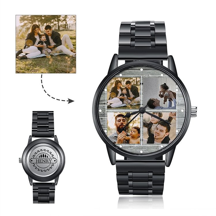 Reloj Personalizado de 4 Fotos con 1 Nombre Grabado en Acero Inoxidable