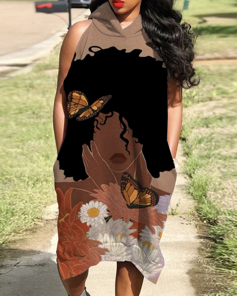 Black Magic Girl Butterfly Print Sleeveless Hooded Pocket Dress