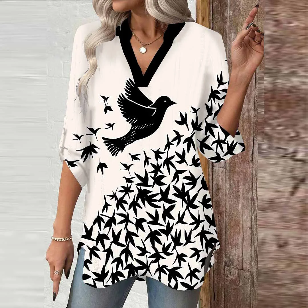 Women Bird, Black, Beige DZGA0741 3/4 Sleeve V-neck Printed Graphic Button Tops