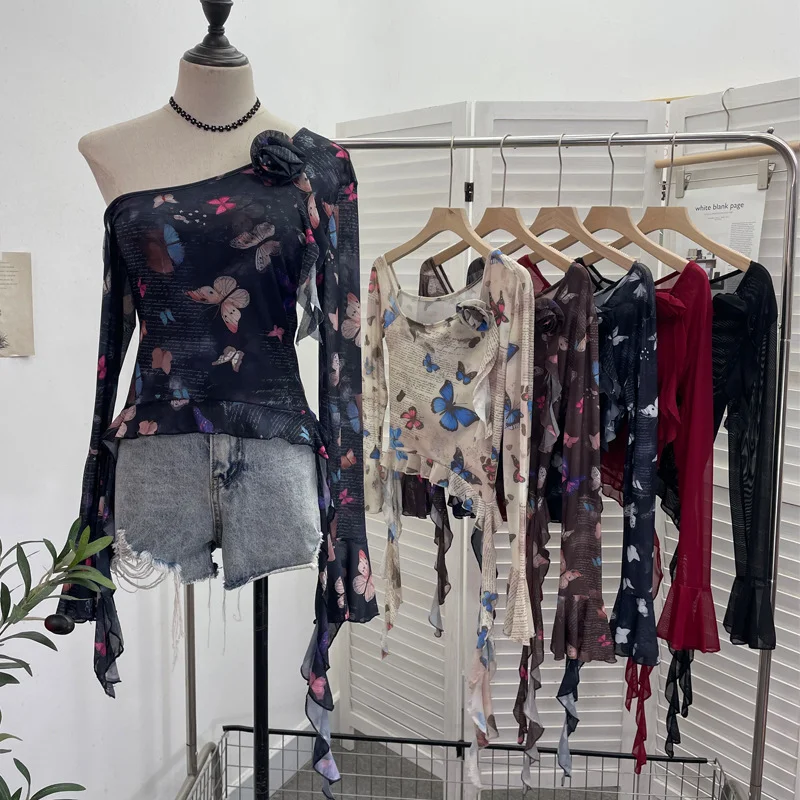 Uveng Tie Dyed Elastic Mesh Oblique Shoulder Irregular Horn Long-Sleeved T-Shirt Flower Short Floated Female 9932