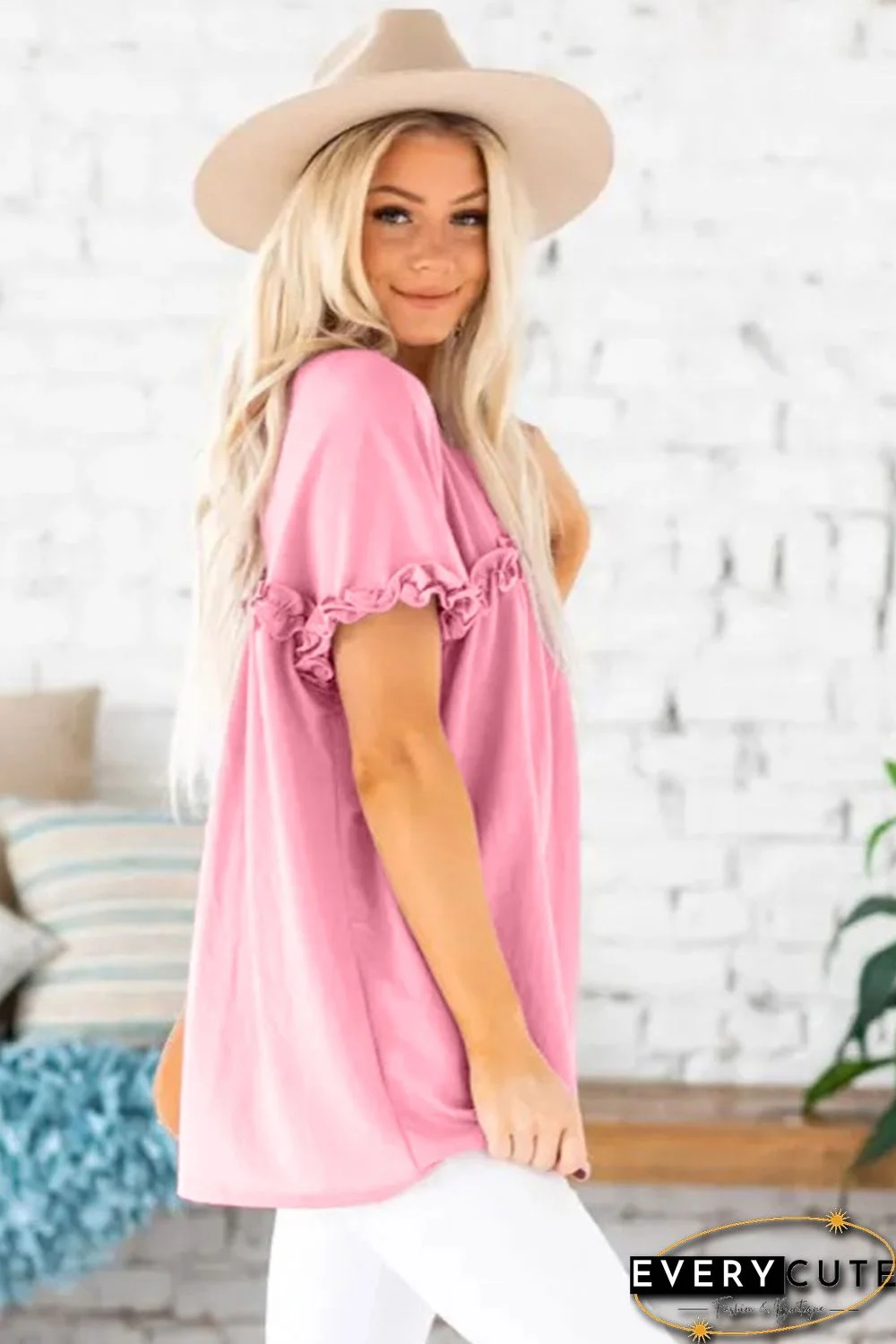 Pink Ruffled Detail T-shirt