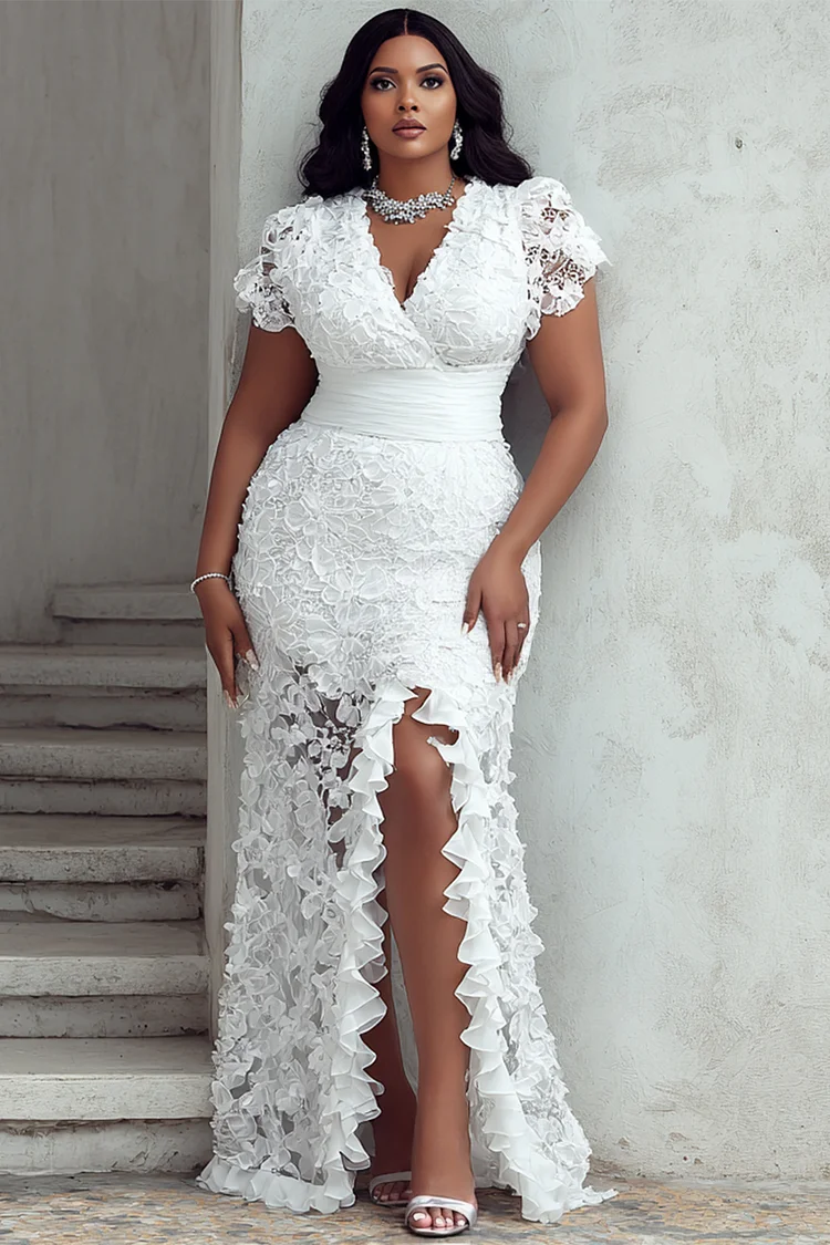 Xpluswear Design Plus Size Wedding White Wrap Neck Short Sleeve Split Ruffle Lace Maxi Dresses [Pre-Order] 2024 - Xpluswear