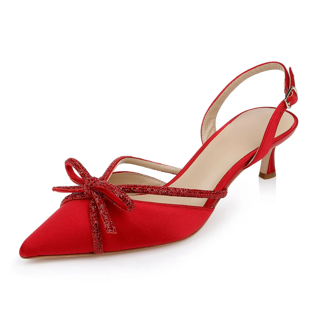 YDN Shiny Red Satin Pointed Toe Slingback Rhinestone Bow Heels