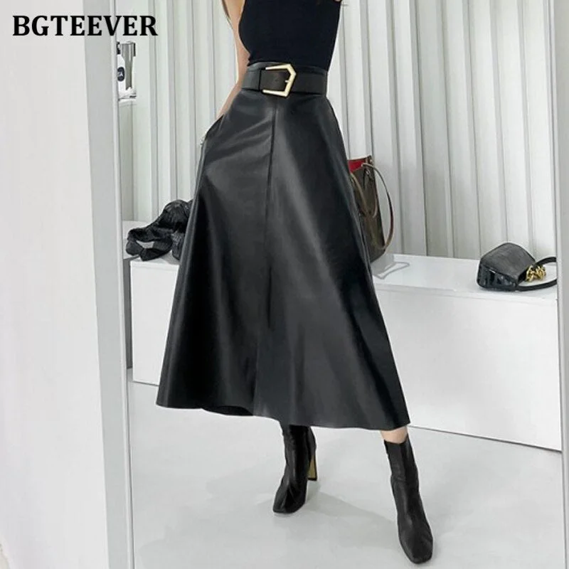 BGTEEVER Chic High Waist Sashes Belted Women PU Leather Skirts Autumn Winter Stylish Loose Midi Female Faux PU Skirts 2021