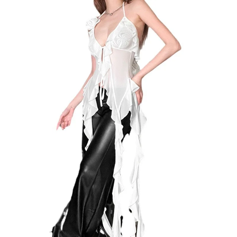 Uveng 2024 Summer New Women's Clothing Hanging Neck Sexy Bare Back Strap Yarn Mesh Repair Solid Color Small Vest