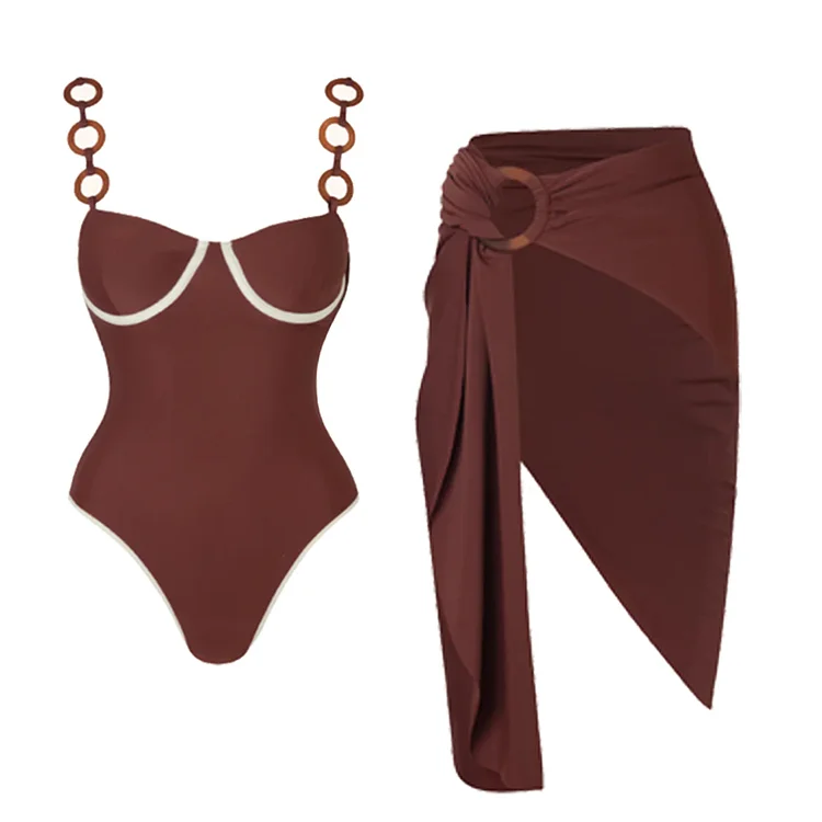 Ring Decoration Brown One Piece Swimsuit and Sarong