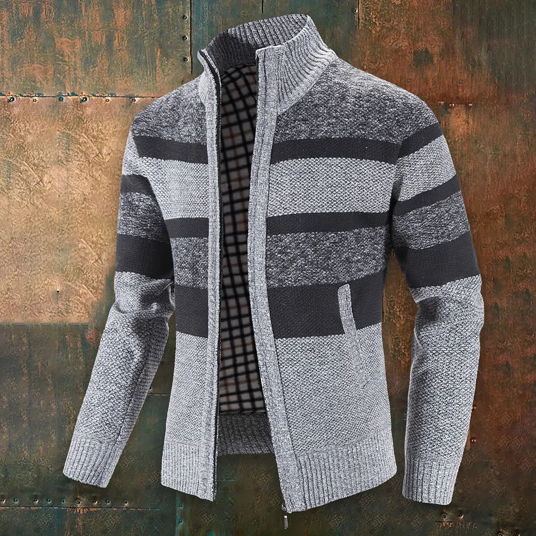 Men'S Stand Collar Thickened And Fleece Striped Jacquard Knitted Cardigan