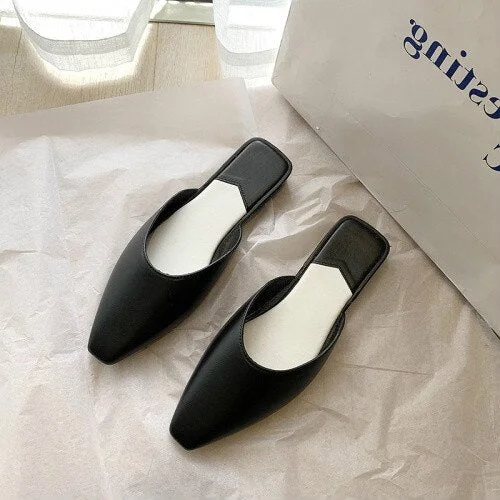 2021 Fashion Pointed Toe Mules Women Summer Slippers Candy Color Flats Slip-on Holiday Ladies Sandals Slides PU Women Shoes