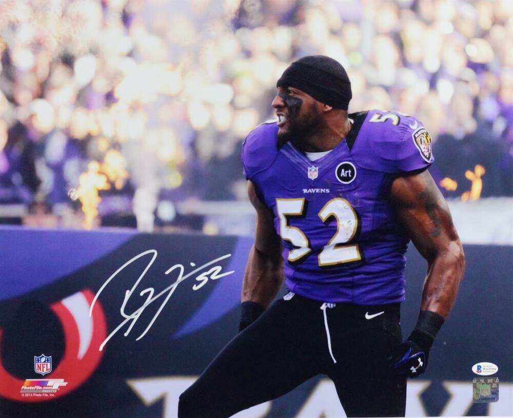 Ray Lewis Signed Baltimore Ravens 16x20 In Purple Jersey PF Photo Poster painting- Beckett Auth