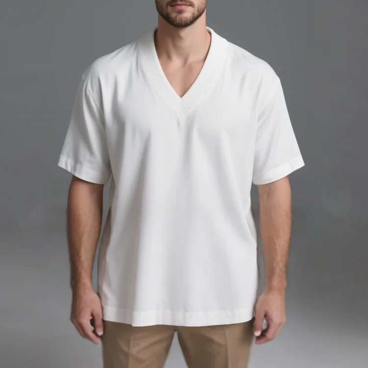 Okaywear Casual Ribbed V Neck Short Sleeve Solid T-Shirt Okaywear