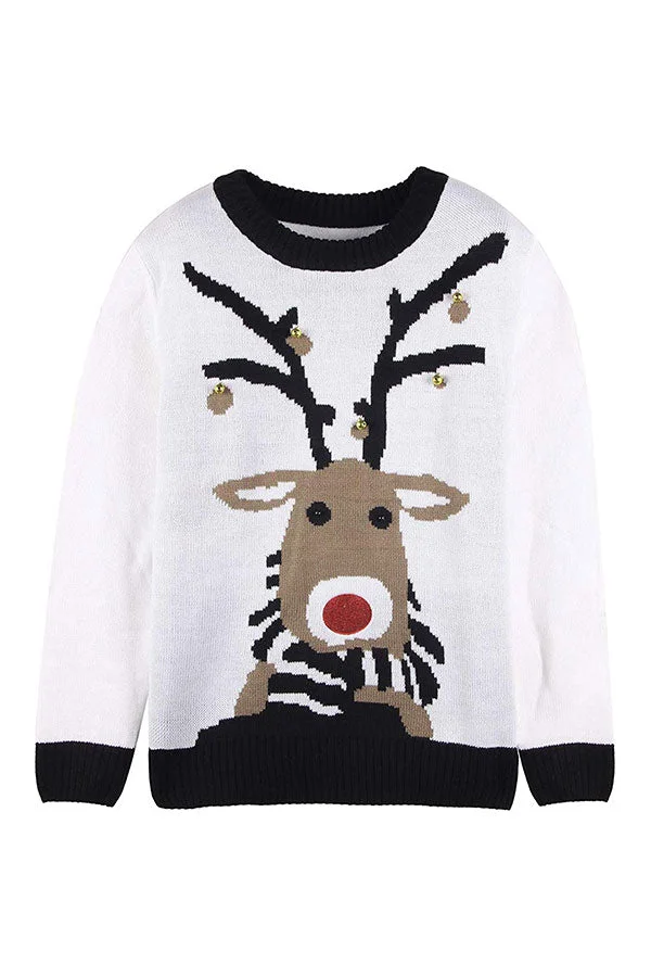 Womens Small Bell Reindeer Ugly Christmas Sweater White-elleschic
