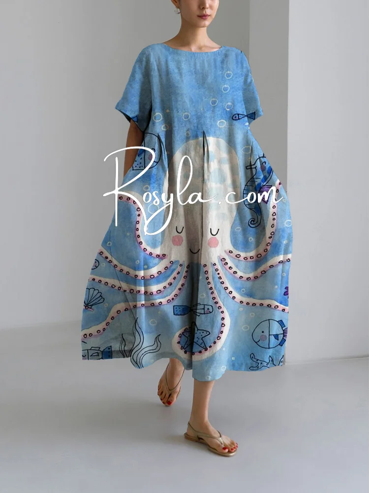 Women's Lovely Octopus Print Loose Round Neck Medium Length Skirt Dress