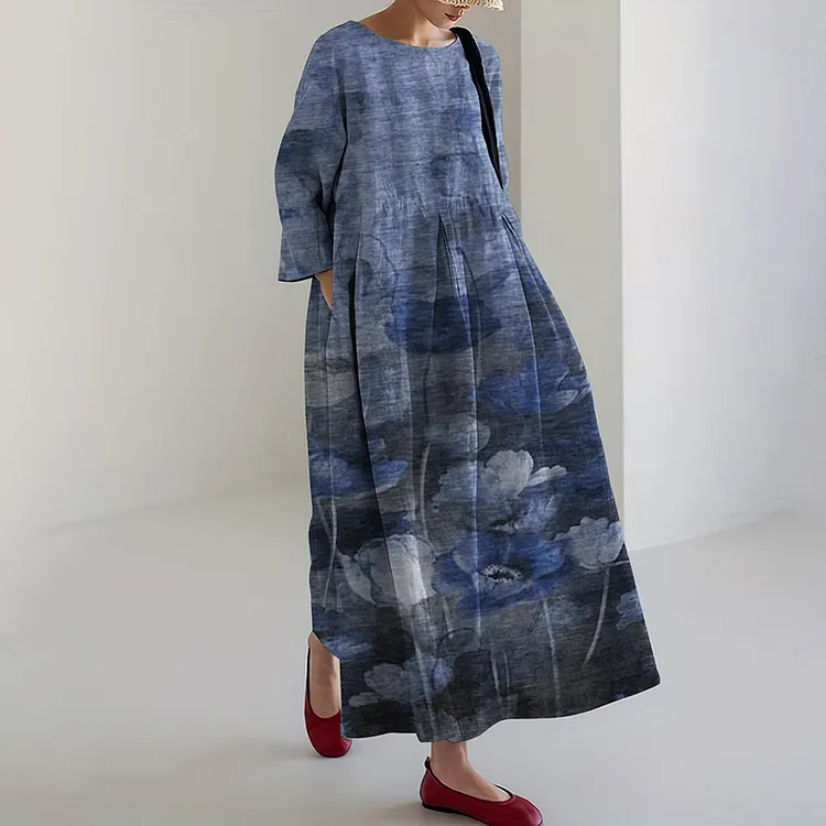 Japanese Floral Art Linen Maxi Dress
