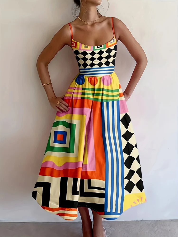 Vibrant Color Block A-Line Dress For Women | Sleeveless With Adjustable Spaghetti Straps, Machine Washable, Perfect For Spring & Summer | Digital Print Fabric