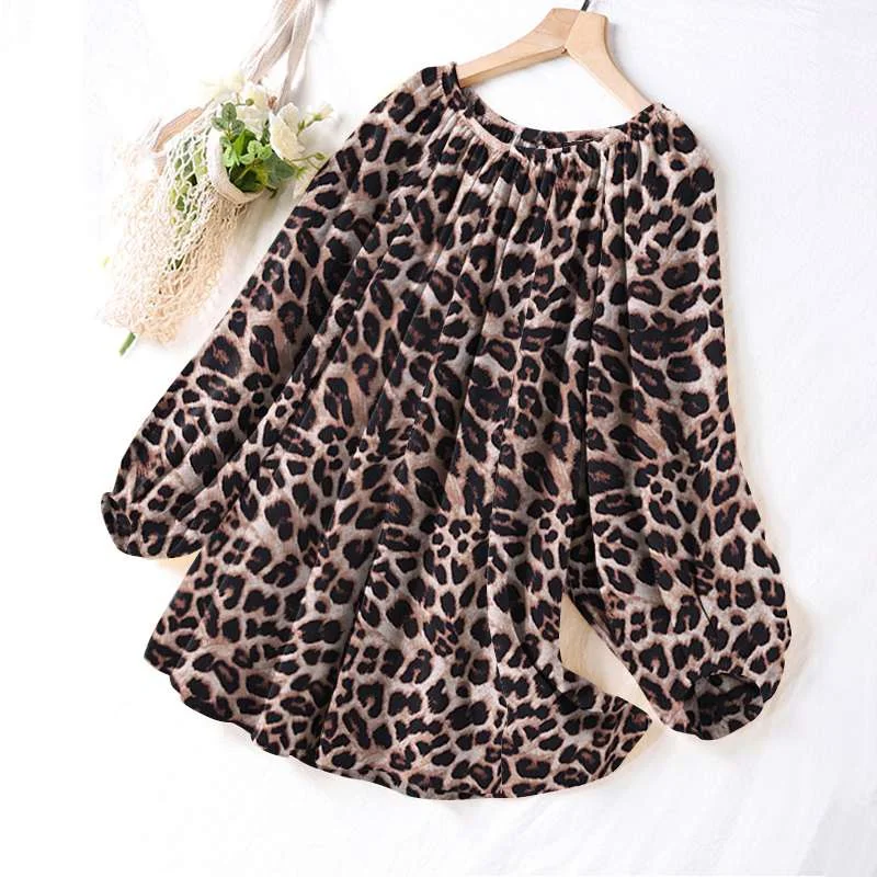 Jangj ZANZEA Women Leopard Printed Blouse 2022 Spring Summer Pleated Puff Sleeve Tops Casual Loose O-neck Oversized Blusa Femininas