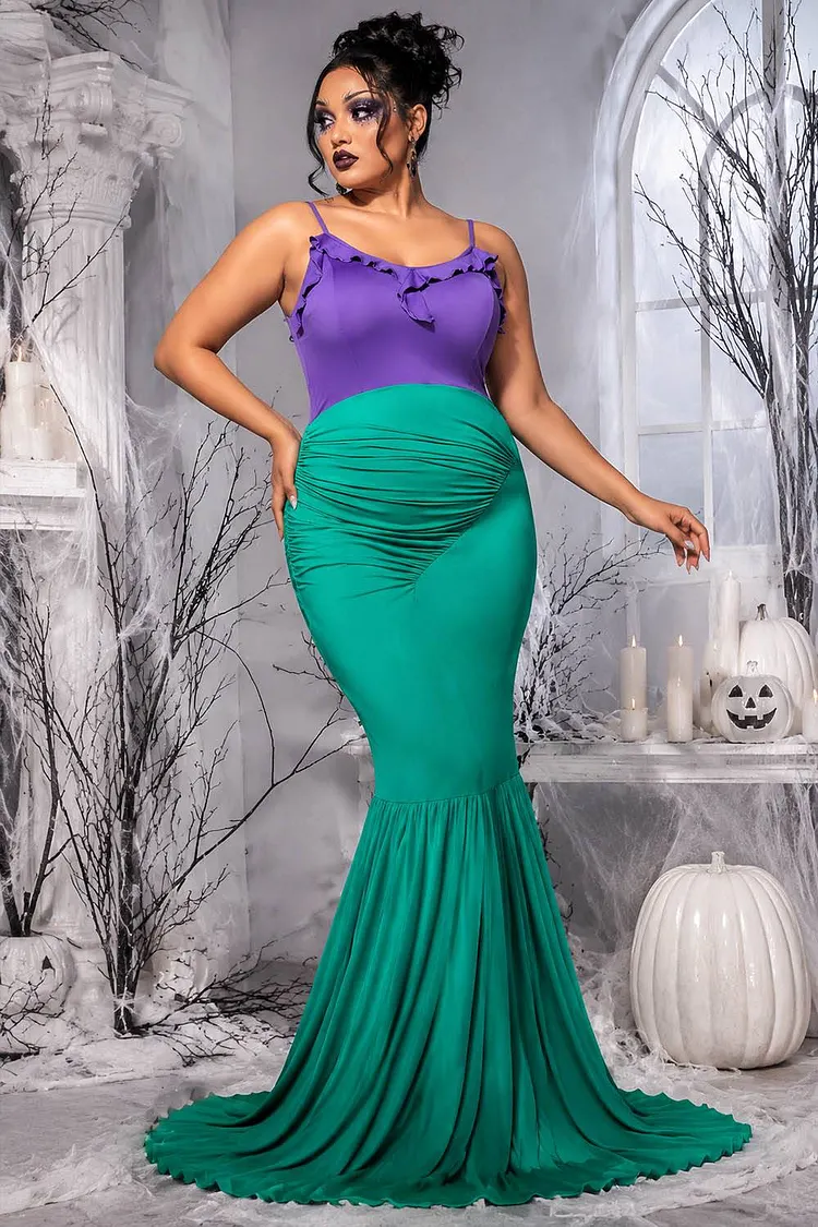 Xpluswear Design Plus Size Halloween Costume Green Mermaid Sleeveless Patchwork Knitted Maxi Dress（Ships 24h） 2024 - Xpluswear