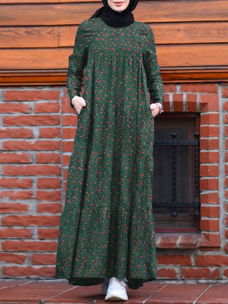 Floral Print Pocket Long Sleeve Casual Maxi Dress For Women - Shop Trendy Women's Fashion | TeeYours