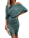 Wrap Asymmetric Pleated Off-The-Shoulder Long Sleeves Midi Dress