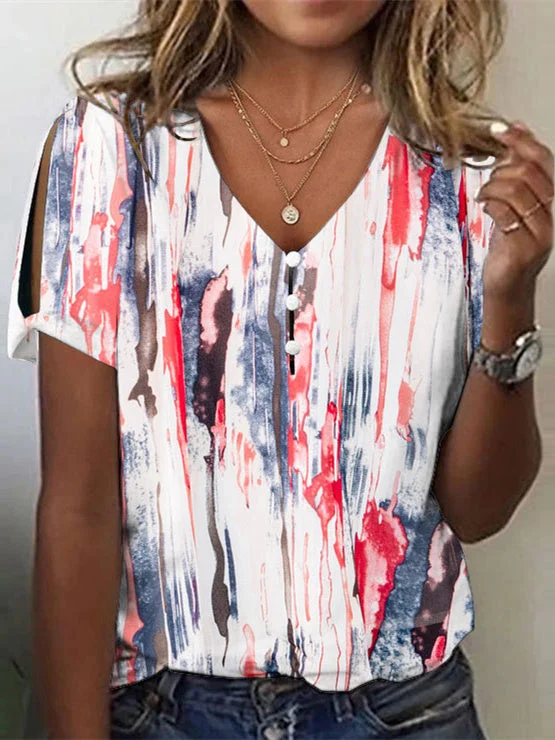 Women's Colorblock Printed Hollow Short Sleeve V-neck Top