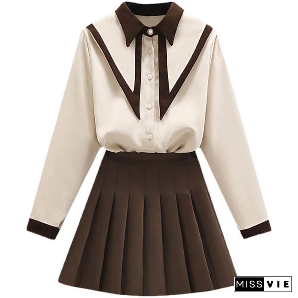 Lapel Shirt Pleated Skirt Two Piece Set