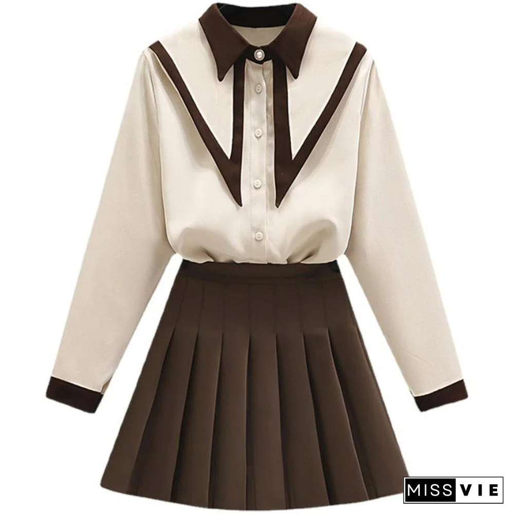 Lapel Shirt Pleated Skirt Two Piece Set
